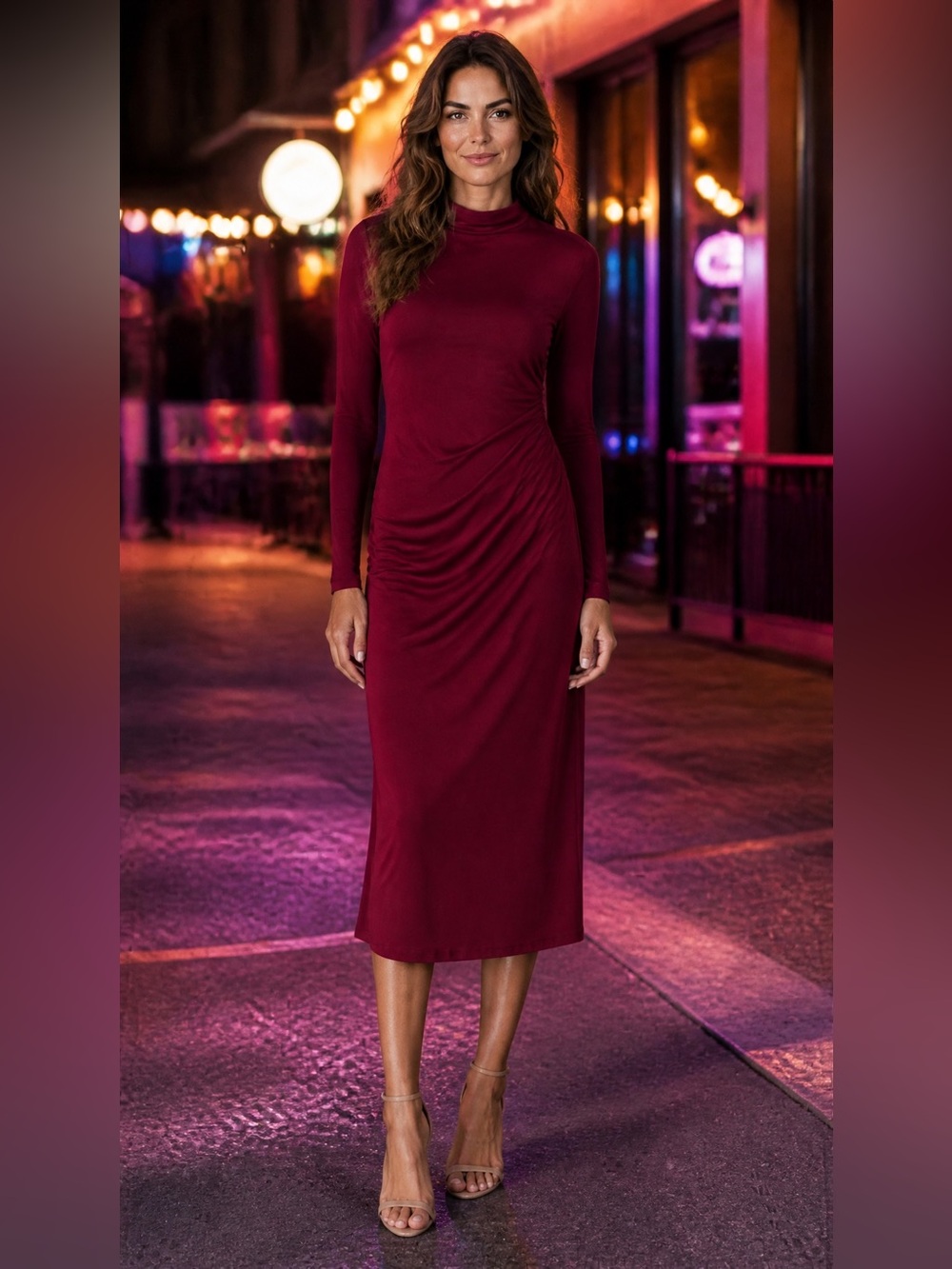 NWT Size L- CIDER Long Sleeve Ruched Midi Dress in Wine